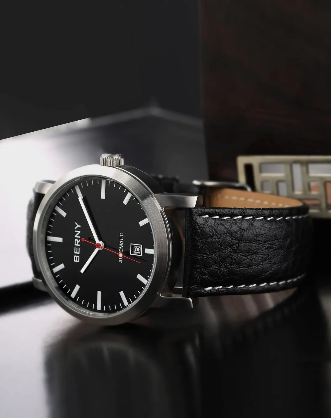 Date Function Leather Band Wristwatch BERNY Men Mechanic Calendar Automatic seduce Watch - Luminous Large Face with 