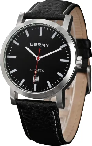 Date Function Leather Band Wristwatch BERNY Men Mechanic Calendar Automatic seduce Watch - Luminous Large Face with 