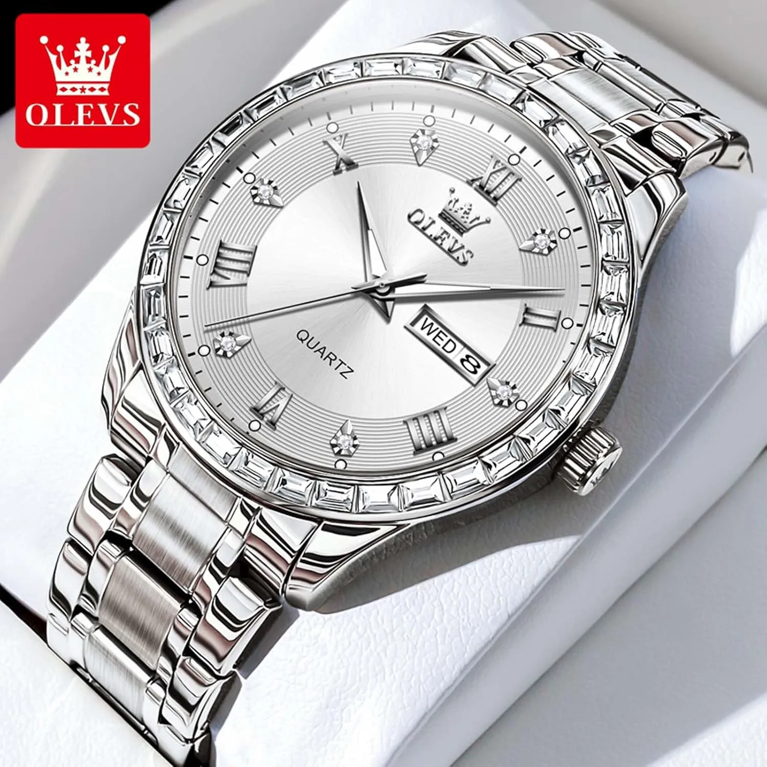 Date Stainless Steel Men Quartz Watches Roman Dial Diamond Classic Business Male Wristwatch Waterproof Luminous linen whence post ammonia Calendar Reloj para Hombr(Gold/Black/Grey/White Dial) OLEVS Watches for Men with 