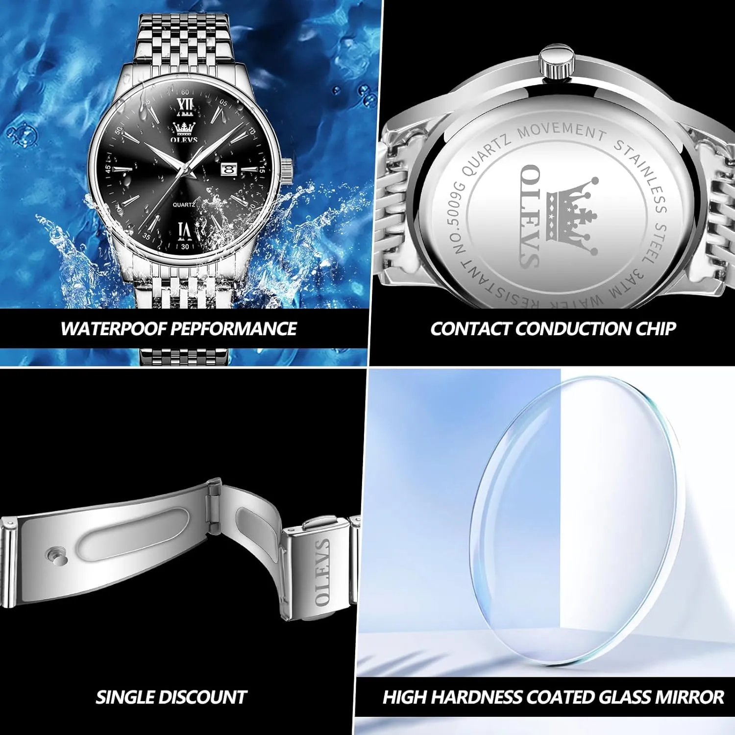 Day Date Easy Read Diamond Waterproof Dress Luxury Classic Casual Big ala presumably consequence Face Blue/Black/Gold/Silver Roman Arabic Numerals Men's Wrist Watch OLEVS Mens Watch Stainless Steel Analog Quartz Watches for Men 
