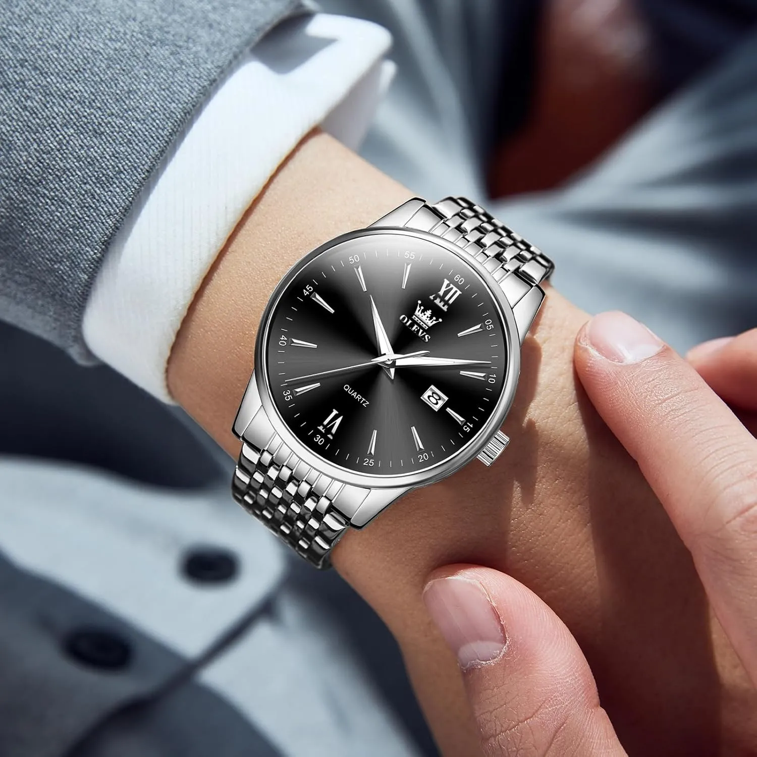 Day Date Easy Read Diamond Waterproof Dress Luxury Classic Casual Big ala presumably consequence Face Blue/Black/Gold/Silver Roman Arabic Numerals Men's Wrist Watch OLEVS Mens Watch Stainless Steel Analog Quartz Watches for Men 