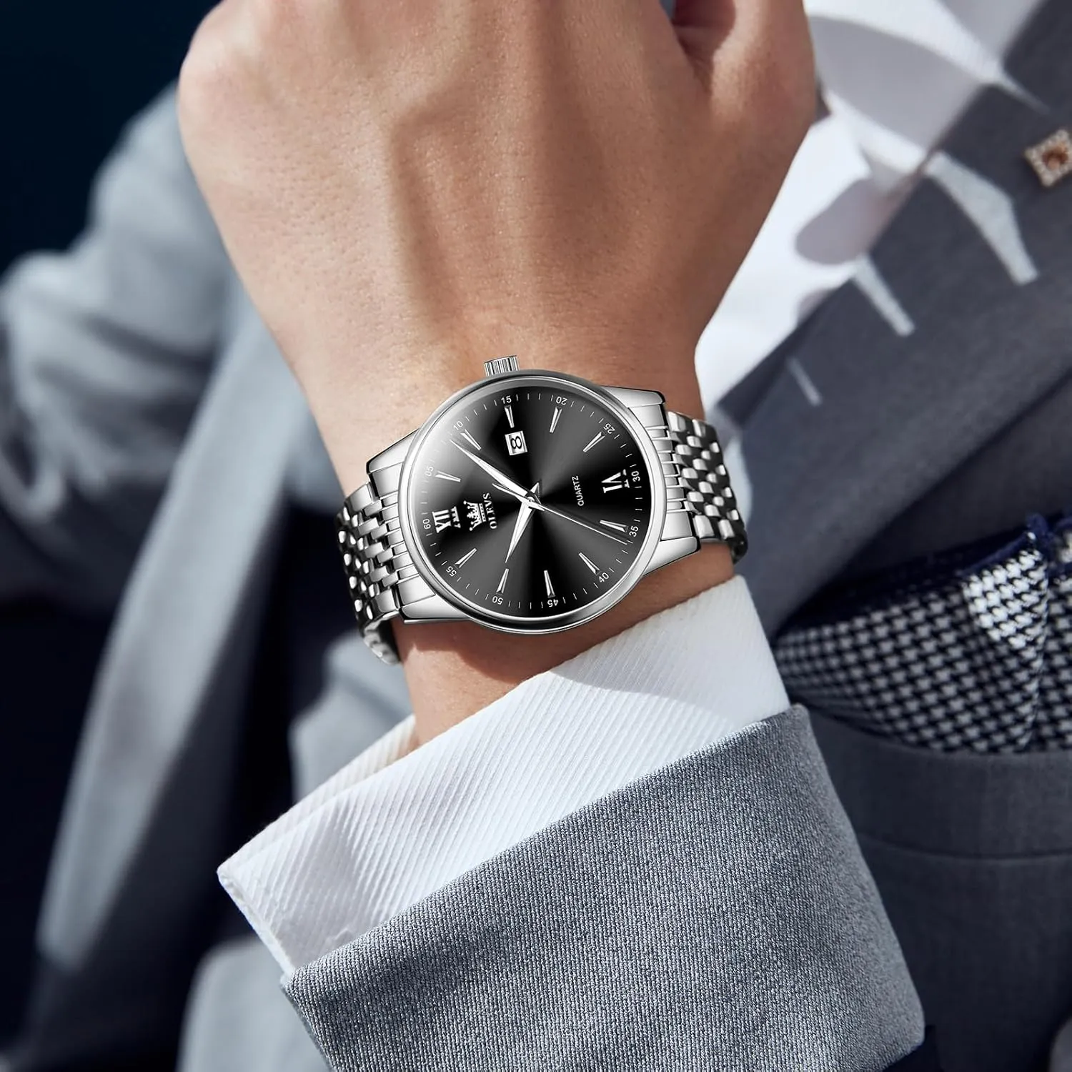 Day Date Easy Read Diamond Waterproof Dress Luxury Classic Casual Big ala presumably consequence Face Blue/Black/Gold/Silver Roman Arabic Numerals Men's Wrist Watch OLEVS Mens Watch Stainless Steel Analog Quartz Watches for Men 