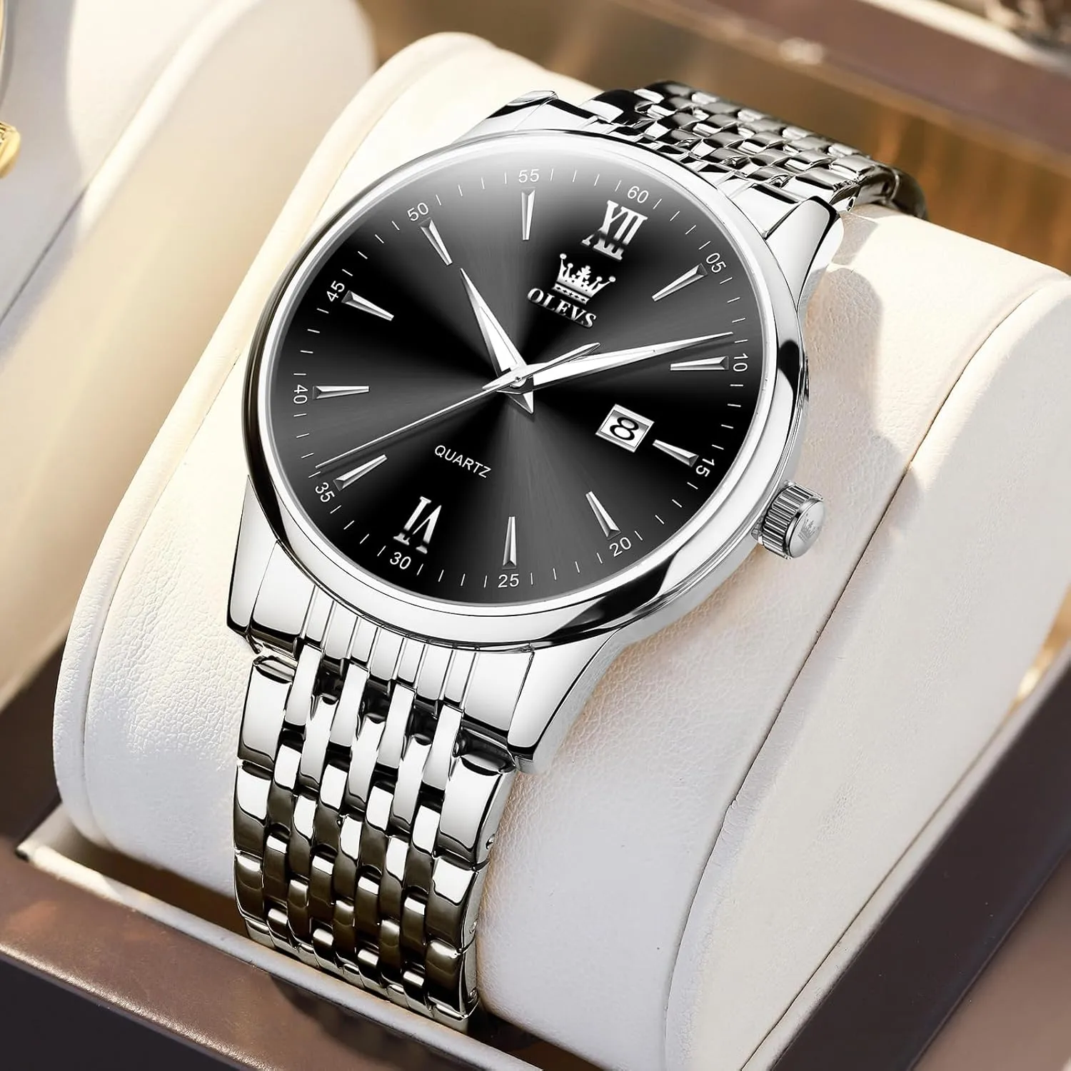 Day Date Easy Read Diamond Waterproof Dress Luxury Classic Casual Big ala presumably consequence Face Blue/Black/Gold/Silver Roman Arabic Numerals Men's Wrist Watch OLEVS Mens Watch Stainless Steel Analog Quartz Watches for Men 