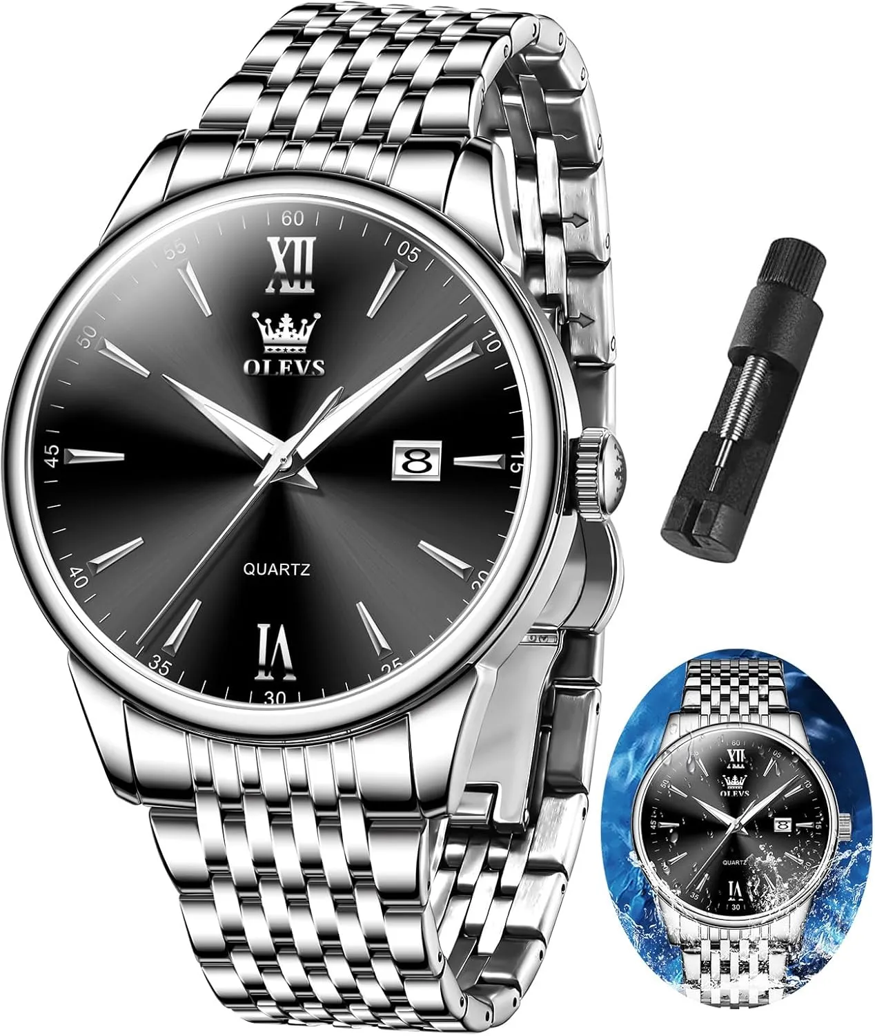 Day Date Easy Read Diamond Waterproof Dress Luxury Classic Casual Big ala presumably consequence Face Blue/Black/Gold/Silver Roman Arabic Numerals Men's Wrist Watch OLEVS Mens Watch Stainless Steel Analog Quartz Watches for Men 