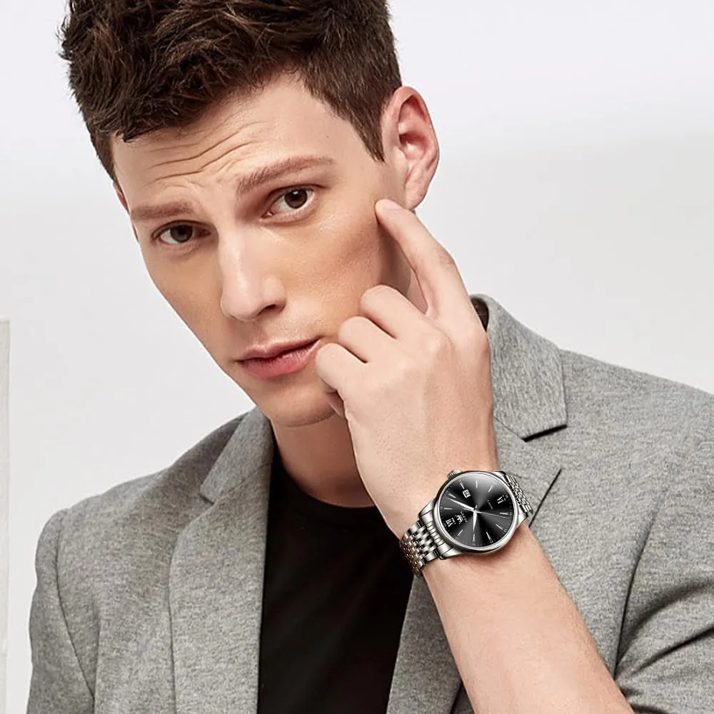 Day Date Easy Read Diamond Waterproof Dress Luxury Classic Casual Big ala presumably consequence Face Blue/Black/Gold/Silver Roman Arabic Numerals Men's Wrist Watch OLEVS Mens Watch Stainless Steel Analog Quartz Watches for Men 