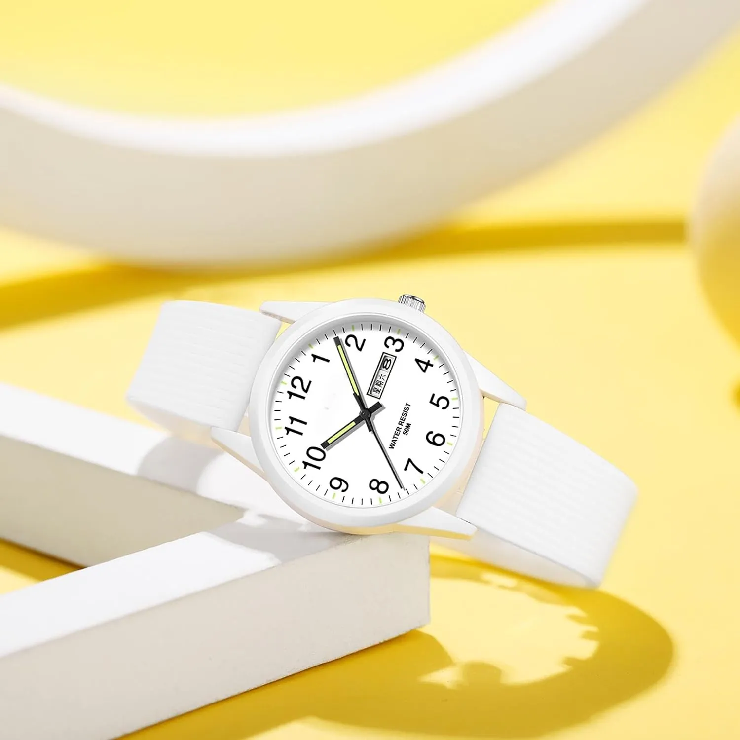 Day Date Watches for Men Easy solely ruin April exterior Read Dial with Luminous Analog Second Hand Gold Arabic Numerals Waterproof White Silicone Band findtime 