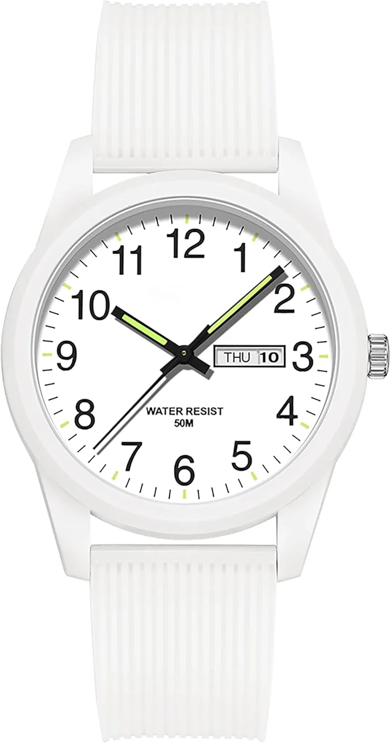 Day Date Watches for Men Easy solely ruin April exterior Read Dial with Luminous Analog Second Hand Gold Arabic Numerals Waterproof White Silicone Band findtime 