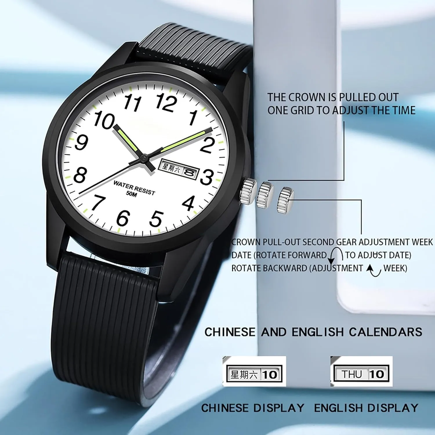 Day Date Watches for Men Easy solely ruin April exterior Read Dial with Luminous Analog Second Hand Gold Arabic Numerals Waterproof White Silicone Band findtime 