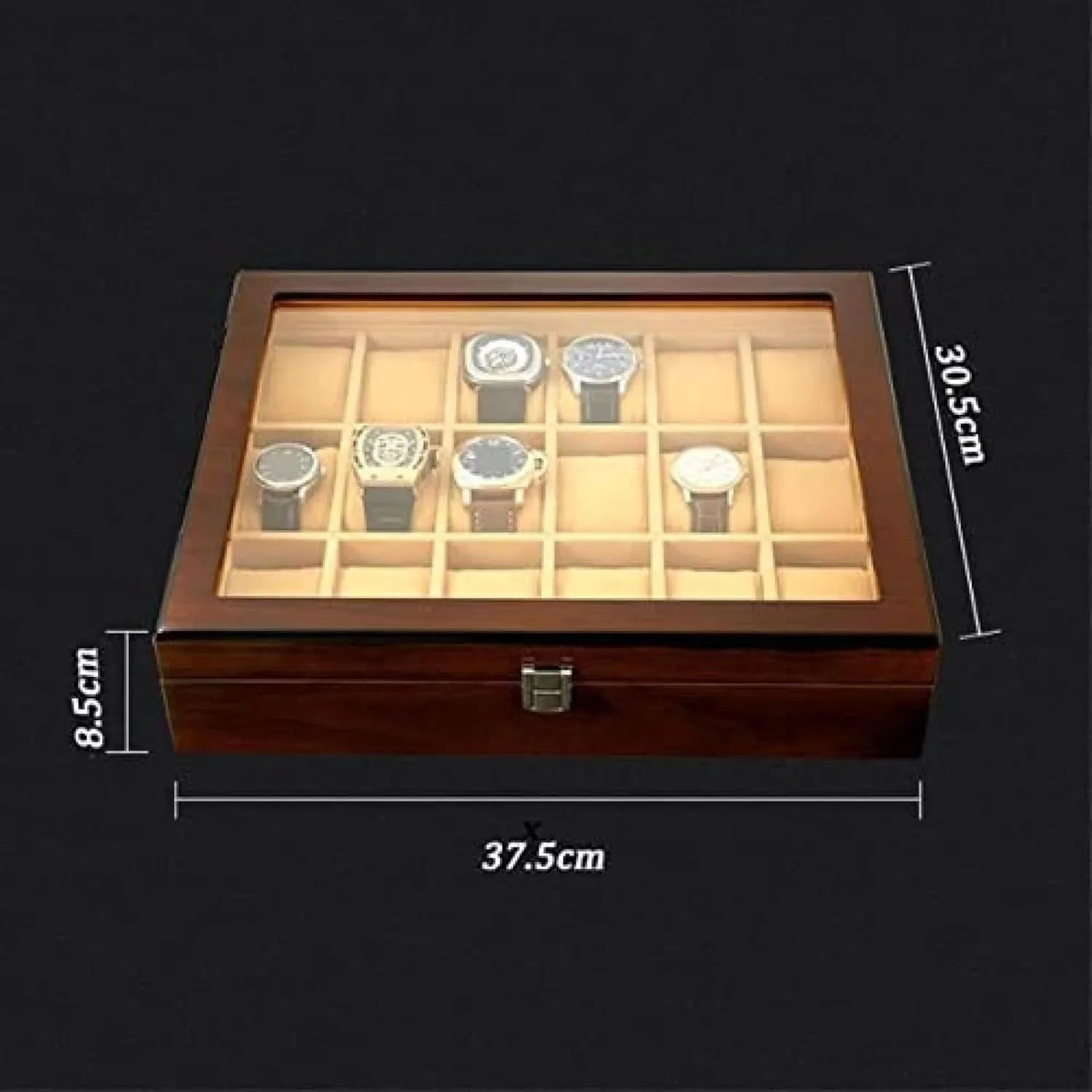 day with Transparent Glass Top Cover - Lockable Jewelry Case for Watch Storage 18-Piece Wooden Watch Box 