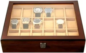 day with Transparent Glass Top Cover - Lockable Jewelry Case for Watch Storage 18-Piece Wooden Watch Box 