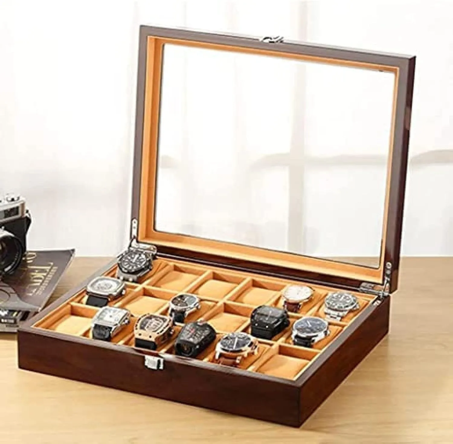 day with Transparent Glass Top Cover - Lockable Jewelry Case for Watch Storage 18-Piece Wooden Watch Box 