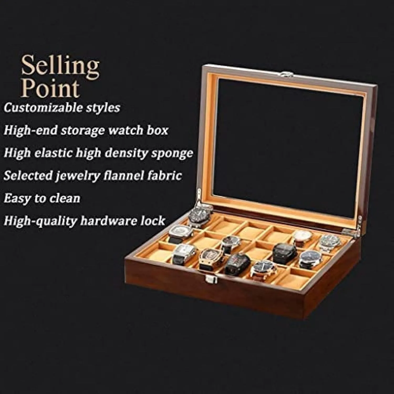day with Transparent Glass Top Cover - Lockable Jewelry Case for Watch Storage 18-Piece Wooden Watch Box 