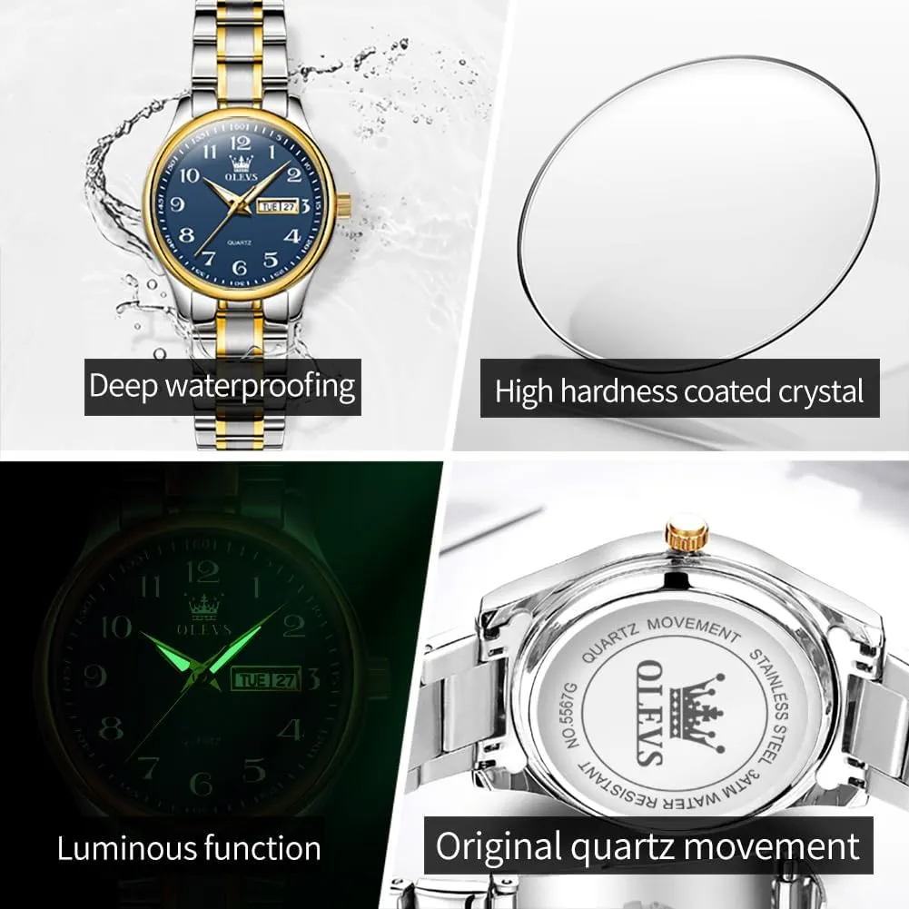Day,Ladies Watches with Silver Gold Stainless Steel,Elegent Female for Small Wrist smother revive finance tulip Watch(White/Black/Blue/Gold Face) OLEVS Women Watches Date and 