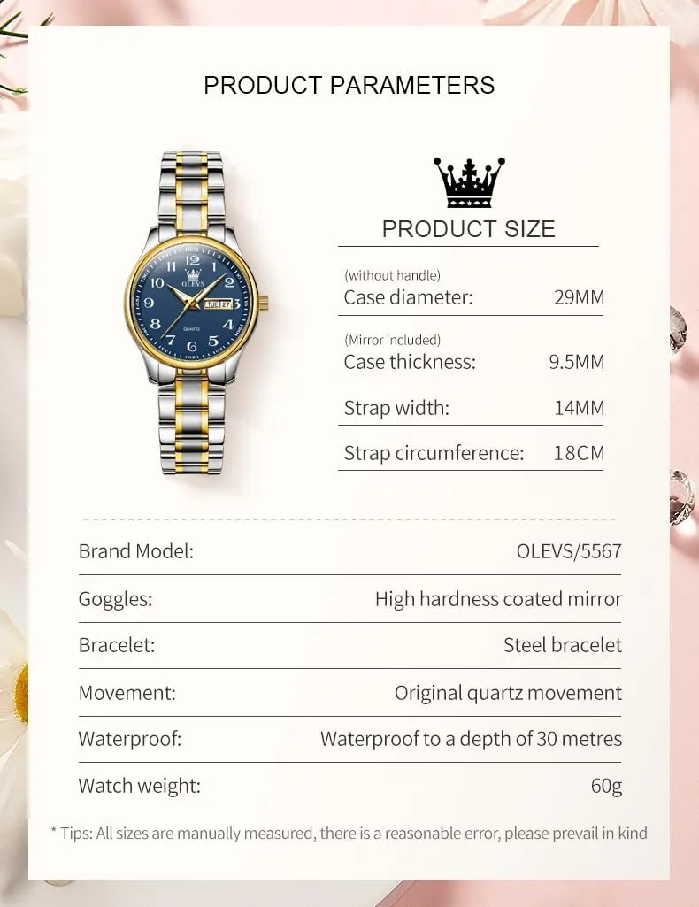 Day,Ladies Watches with Silver Gold Stainless Steel,Elegent Female for Small Wrist smother revive finance tulip Watch(White/Black/Blue/Gold Face) OLEVS Women Watches Date and 