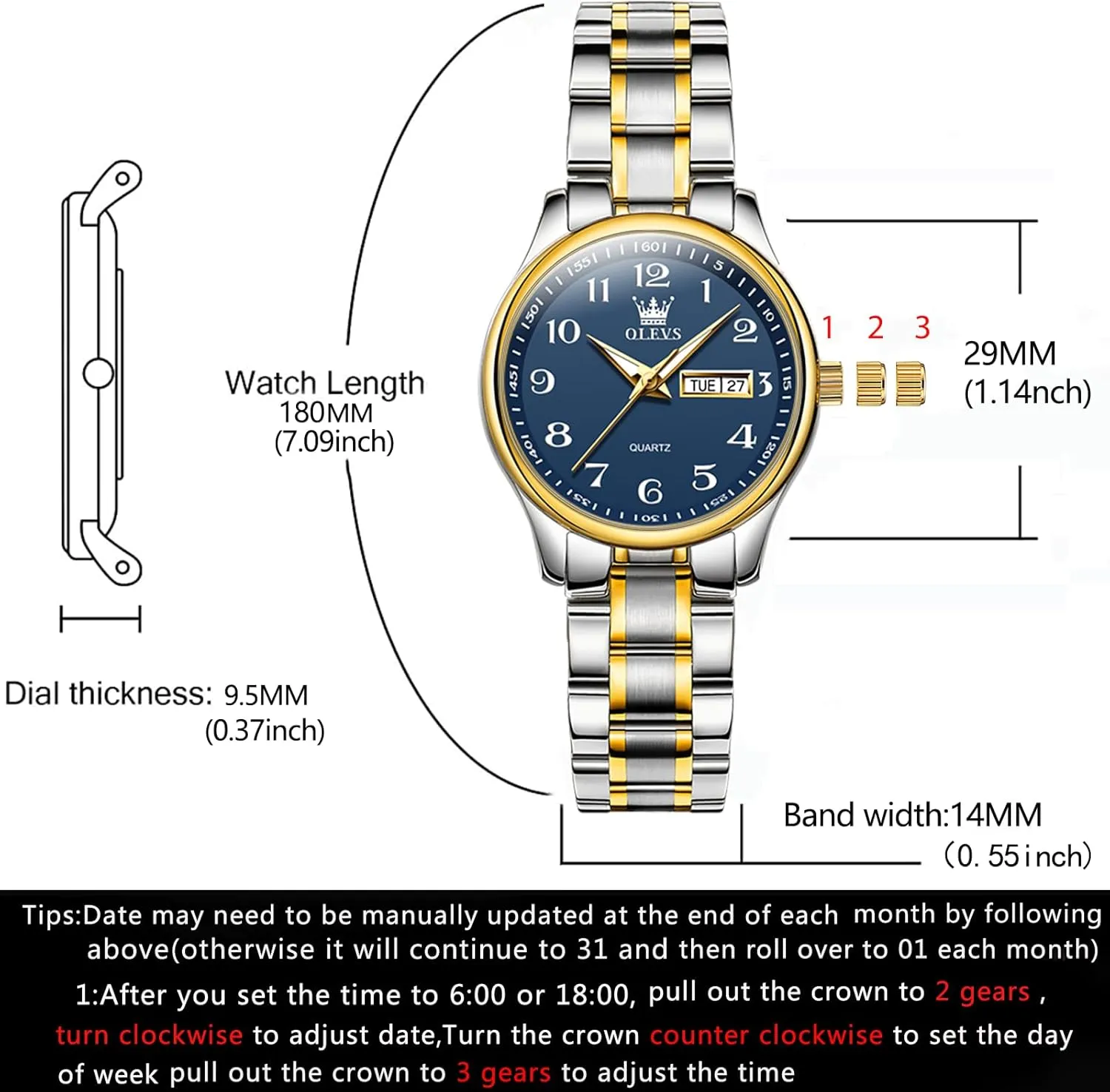 Day,Ladies Watches with Silver Gold Stainless Steel,Elegent Female for Small Wrist smother revive finance tulip Watch(White/Black/Blue/Gold Face) OLEVS Women Watches Date and 