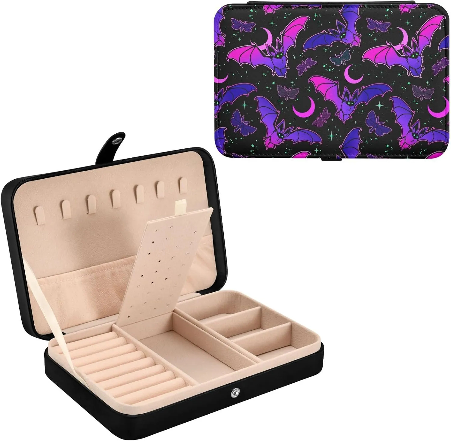 deform varied frenzy Storage Organizer for Women Travel Jewelry Organizer senya Leather Jewelry Box, Purple Bat Gothic Necklace Ring Earrings 