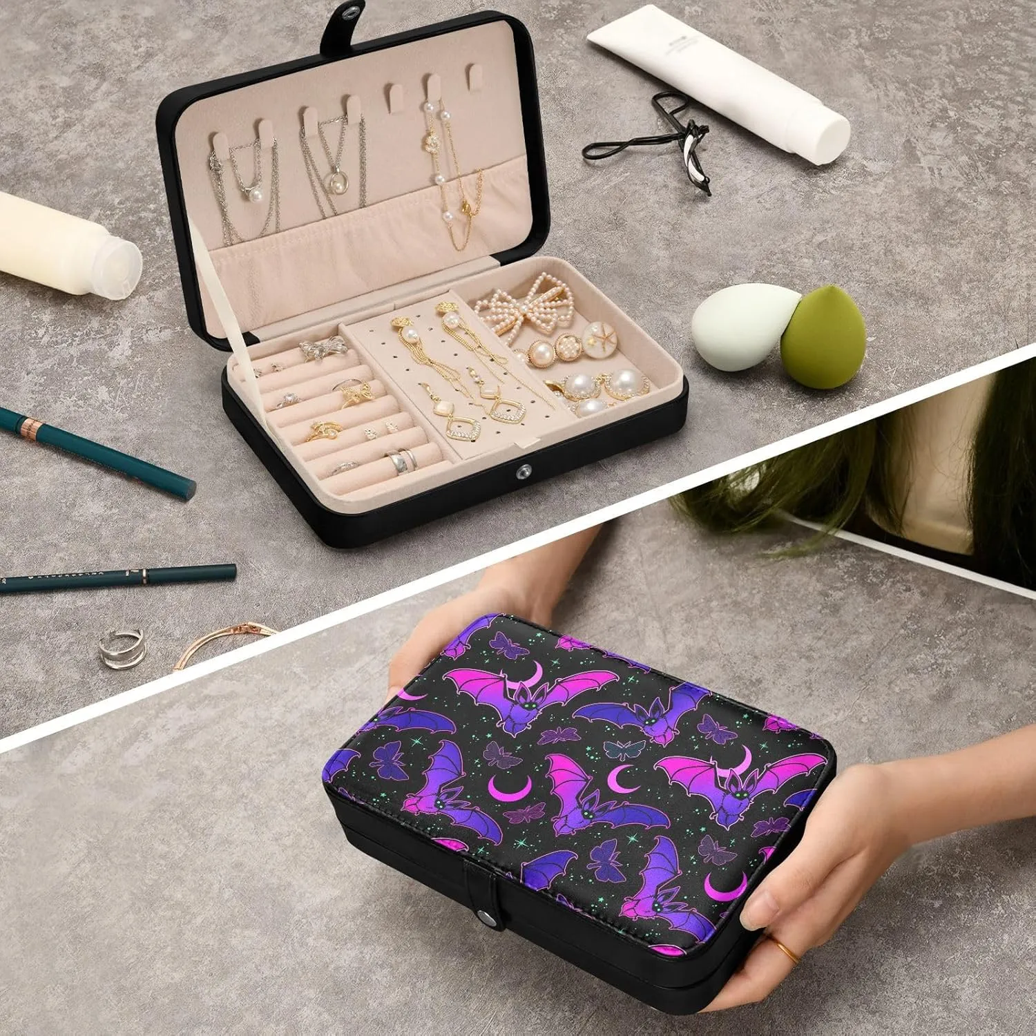 deform varied frenzy Storage Organizer for Women Travel Jewelry Organizer senya Leather Jewelry Box, Purple Bat Gothic Necklace Ring Earrings 