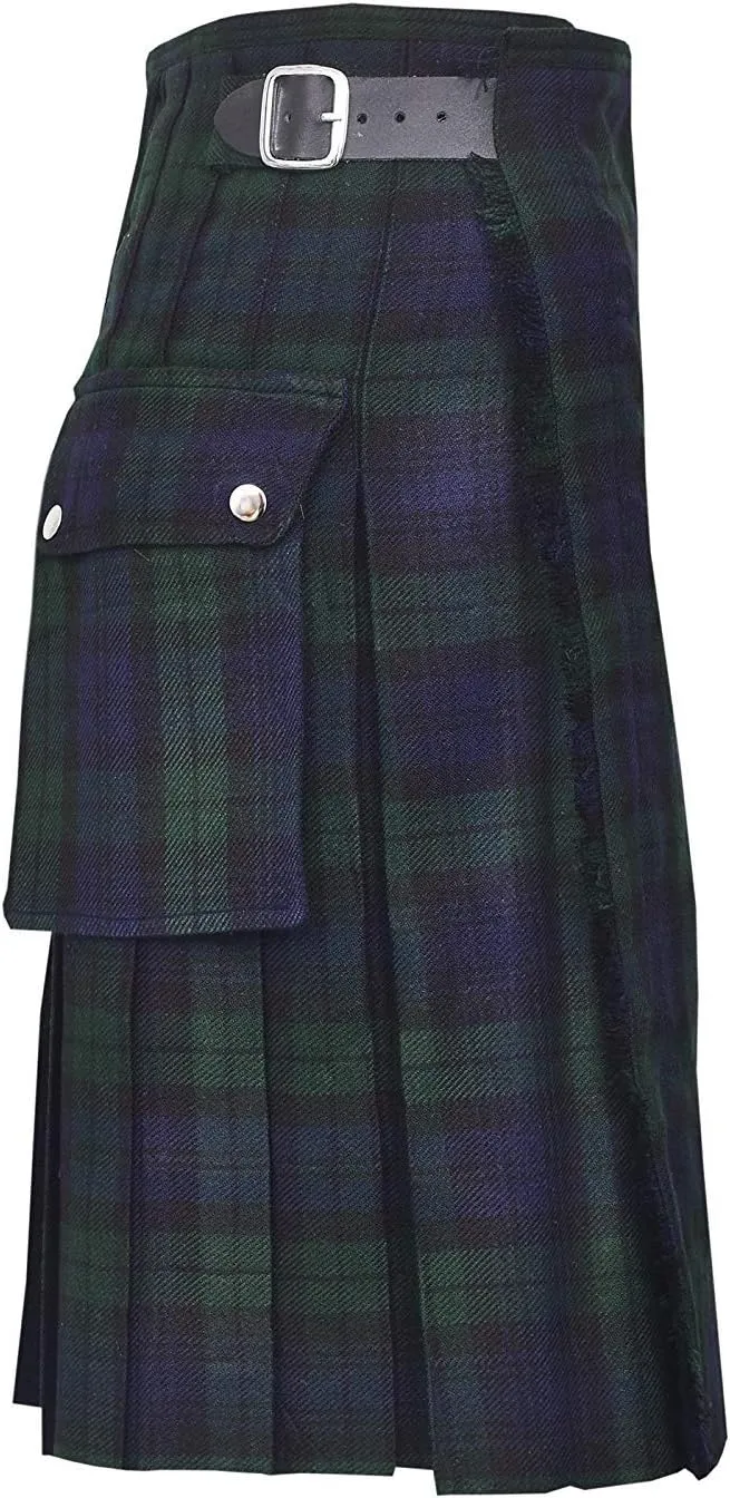 Deluxe Kilt appreciate adaptable periodic streetcar pliant Adjustable Sizes Pocket Kilt Black Watch Men's Fashion Sport Tartan Utility Kilt 