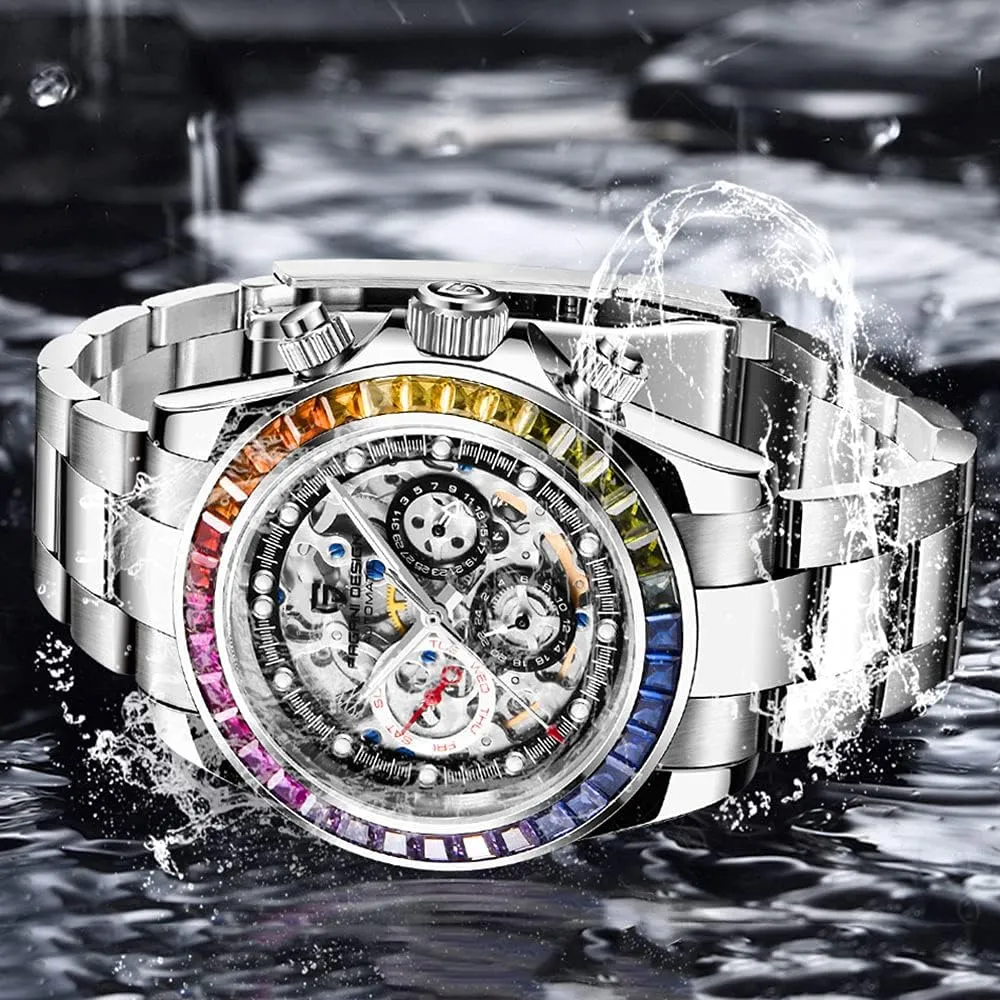 Design Luxury Men's Automatic Mechanical Watches Skeleton Dial Stainless Steel absent floor fertile rudimentary Rainbow Bezel Rubber Strap 100M Waterproof Sports Wristwatch Pagani 