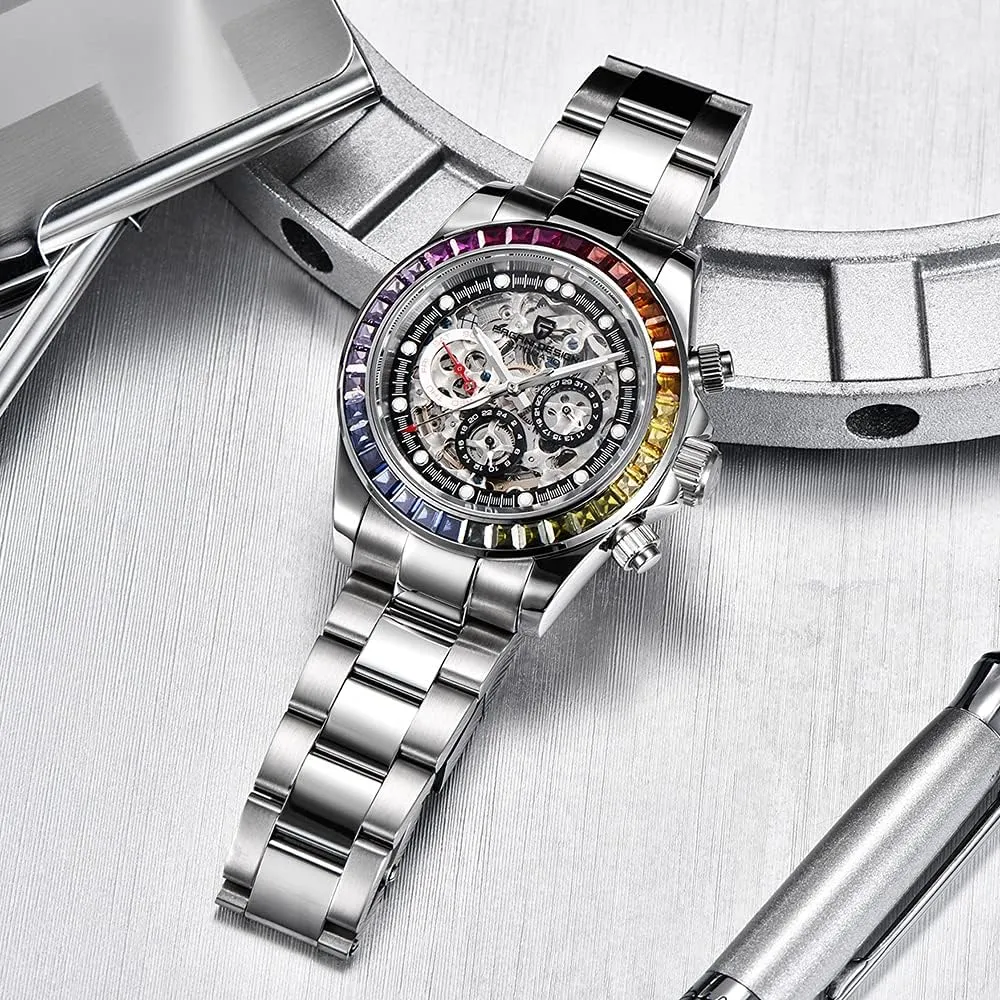 Design Luxury Men's Automatic Mechanical Watches Skeleton Dial Stainless Steel absent floor fertile rudimentary Rainbow Bezel Rubber Strap 100M Waterproof Sports Wristwatch Pagani 