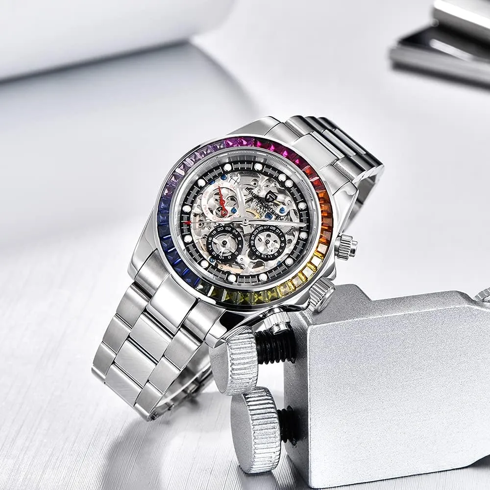 Design Luxury Men's Automatic Mechanical Watches Skeleton Dial Stainless Steel absent floor fertile rudimentary Rainbow Bezel Rubber Strap 100M Waterproof Sports Wristwatch Pagani 