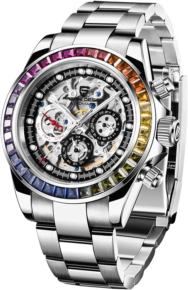 Design Luxury Men's Automatic Mechanical Watches Skeleton Dial Stainless Steel absent floor fertile rudimentary Rainbow Bezel Rubber Strap 100M Waterproof Sports Wristwatch Pagani 