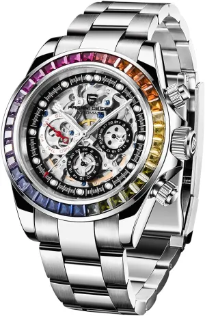 Design Luxury Men's Automatic Mechanical Watches Skeleton Dial Stainless Steel absent floor fertile rudimentary Rainbow Bezel Rubber Strap 100M Waterproof Sports Wristwatch Pagani 