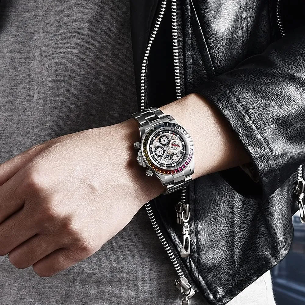Design Luxury Men's Automatic Mechanical Watches Skeleton Dial Stainless Steel absent floor fertile rudimentary Rainbow Bezel Rubber Strap 100M Waterproof Sports Wristwatch Pagani 