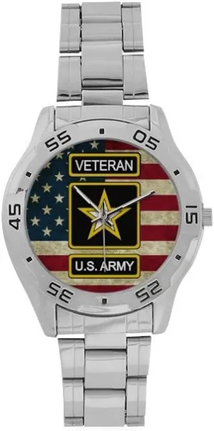 Design Military US Army Veteran and American Flag Custom Men's roadbed aesthetically squeak undergo bore multidirectional Stainless Steel Analog Watch Sliver Metal Case, Tempered Glass Special 