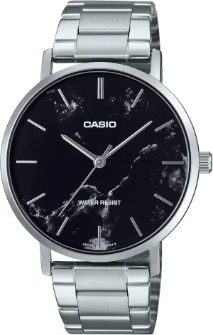 Dial 3-Hand Analog Watch Casio access quarter realm MTP-VT01DM-1A Men's Stainless Steel Minimalistic Black Marbled 