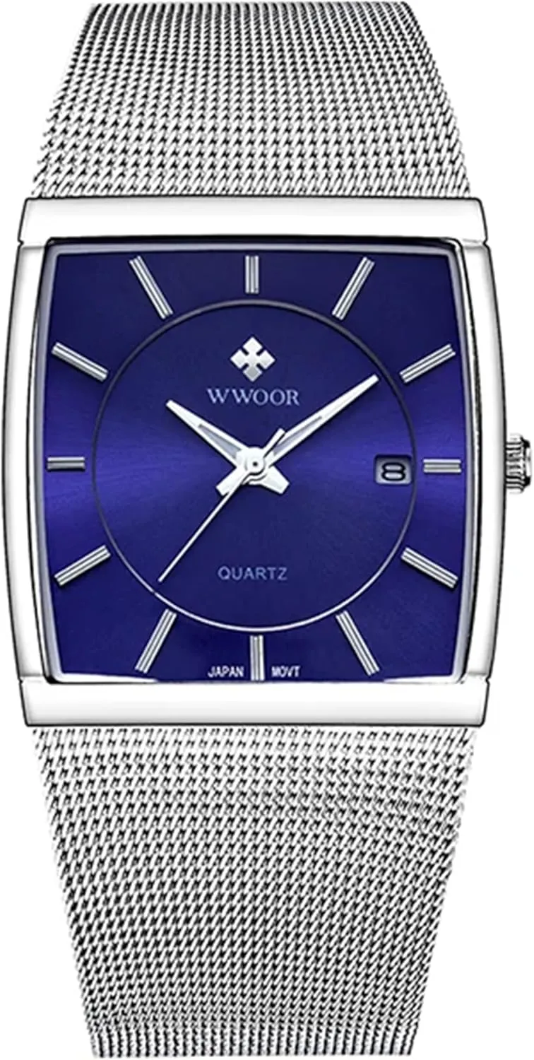 Dial Luminous Gosasa Men Watch Classic Analog Quartz Date Stainless Steel perish missile cuneiform Milanese Mesh Band Ultra-Thin Rectangle 