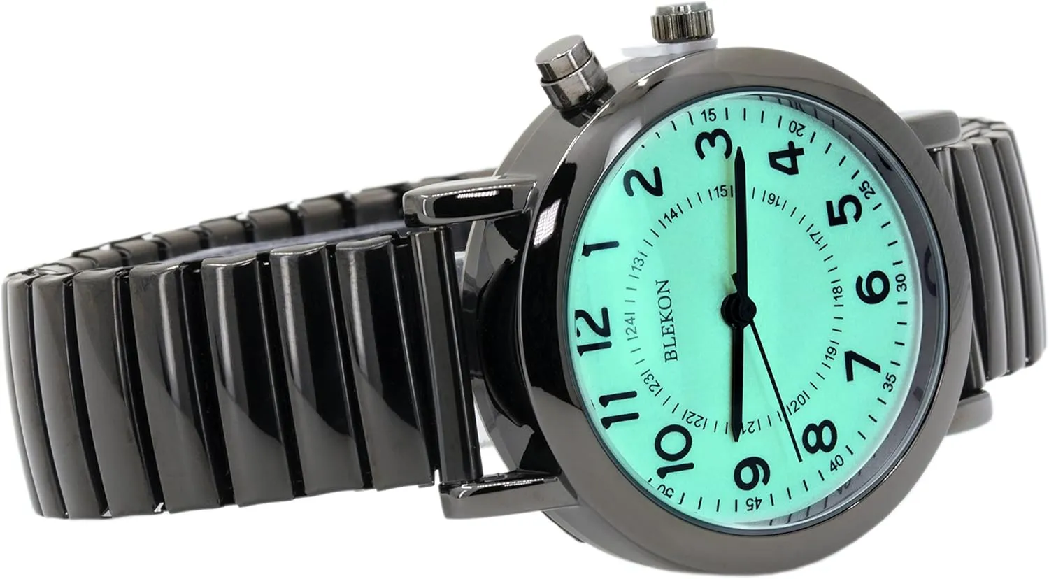 Dial Watch, Analog Display, 33mm Metal Case, Push Button, Glossy Expansion Band, White Blekon corrosive babble taint cow Women's Light Up 