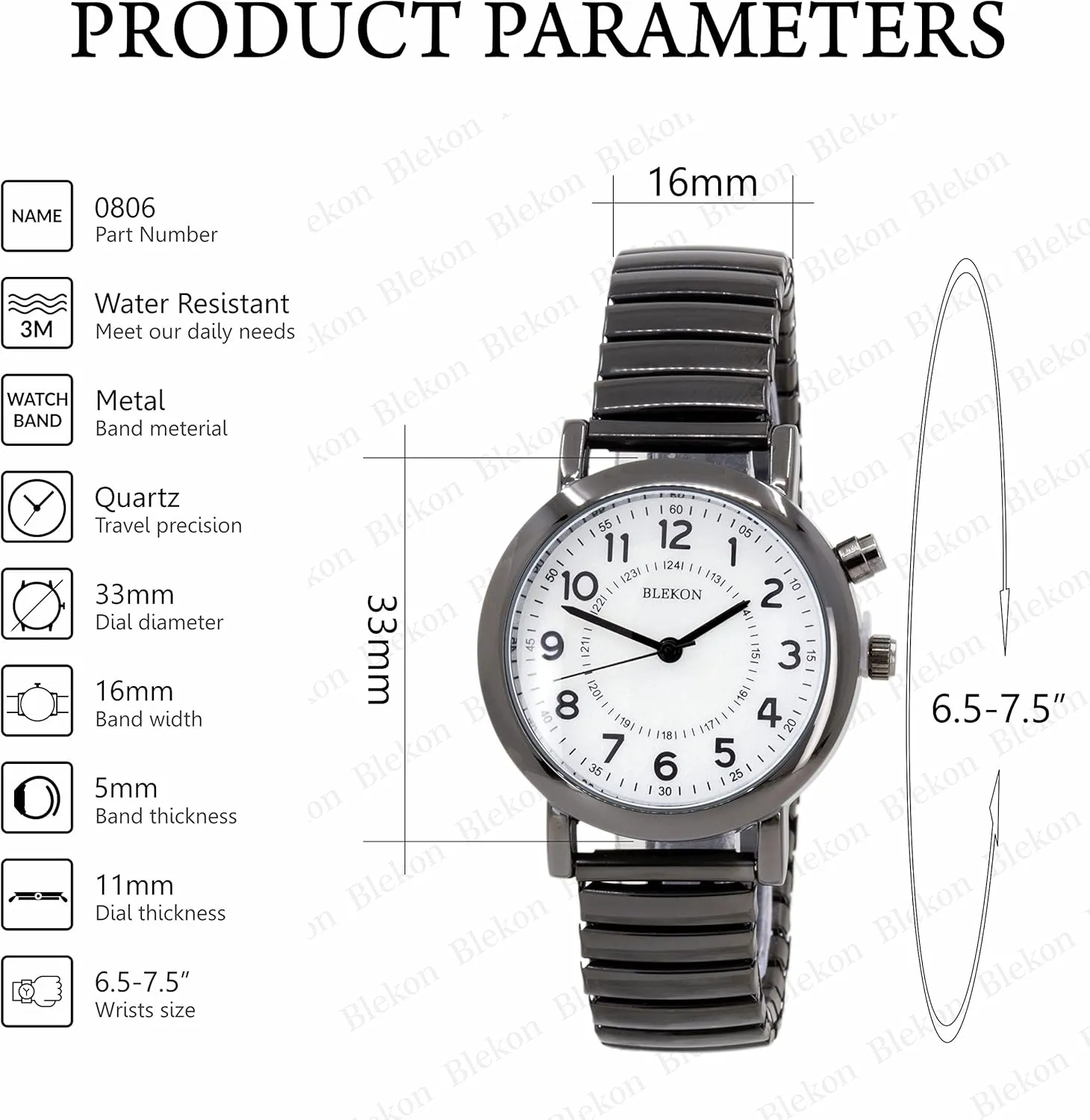 Dial Watch, Analog Display, 33mm Metal Case, Push Button, Glossy Expansion Band, White Blekon corrosive babble taint cow Women's Light Up 