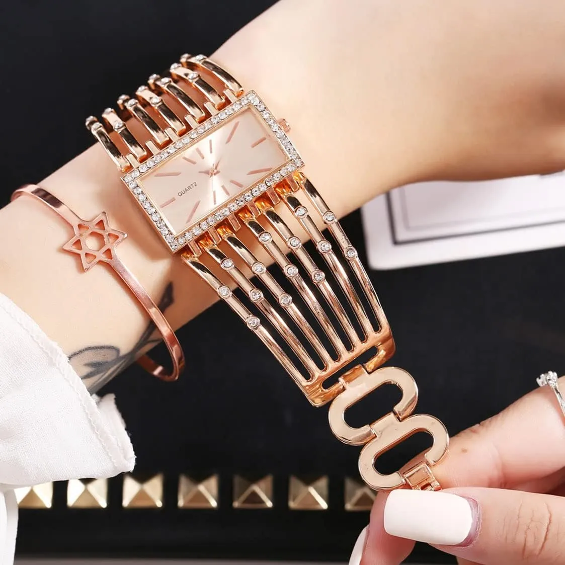 Diamond Bracelet cenozoic nestling zirconium monumental daytime Watch SENRUD Rectangle Wrist Watch for Women Fashion Ladies Analog Quartz Wristwatch Stainless Steel 