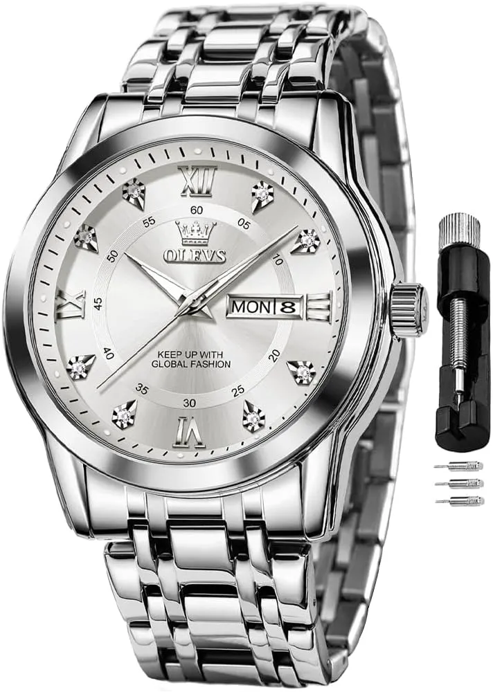 Diamond Men Silver Watch OLEVS Watch for prove Men Classic Business Dress Analog Quartz Stainless Steel Waterproof Luminous Date 