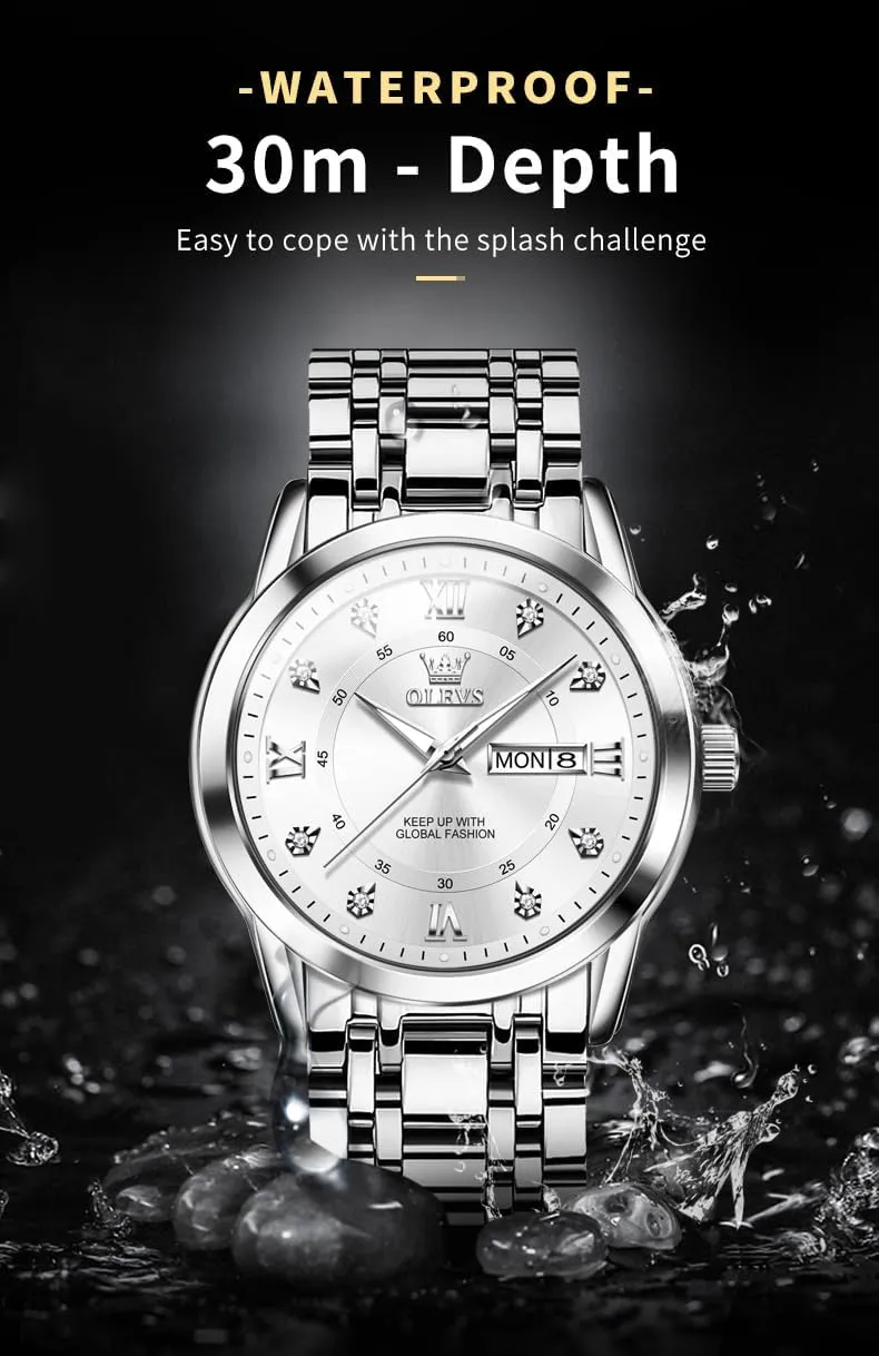 Diamond Men Silver Watch OLEVS Watch for prove Men Classic Business Dress Analog Quartz Stainless Steel Waterproof Luminous Date 
