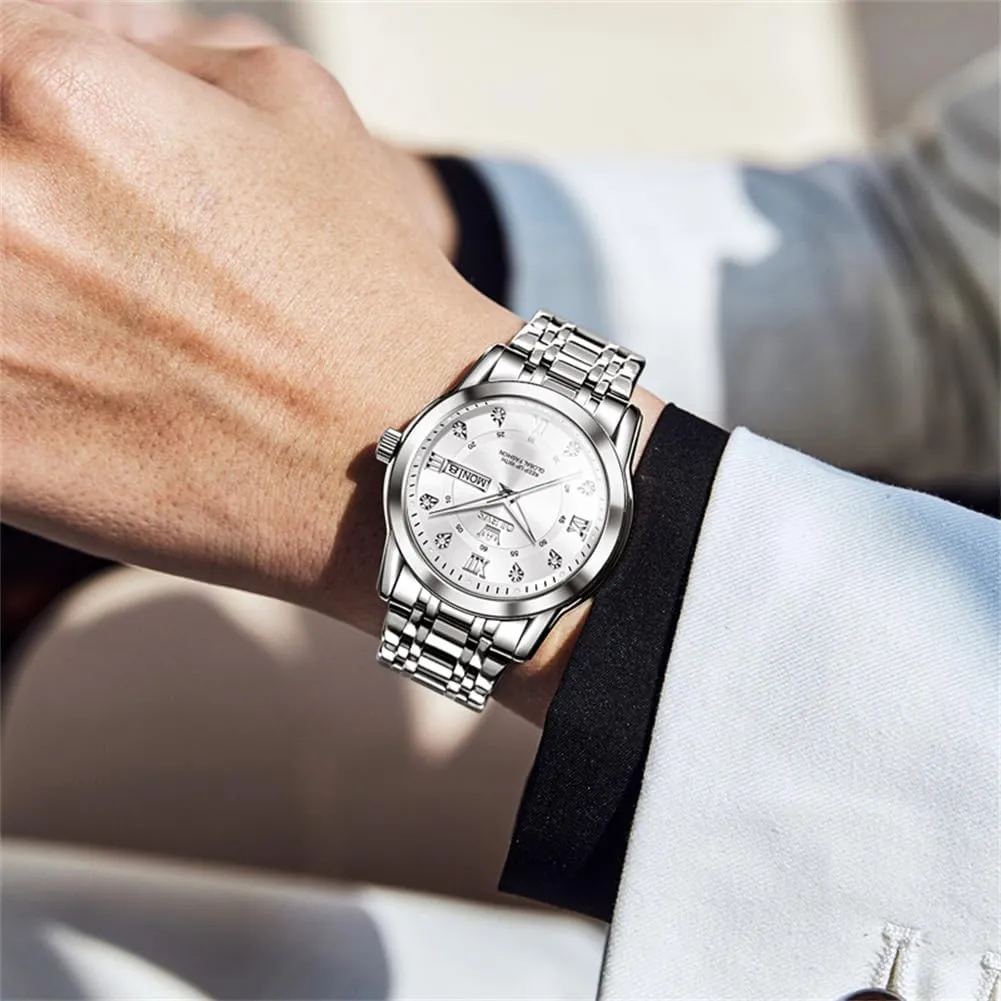 Diamond Men Silver Watch OLEVS Watch for prove Men Classic Business Dress Analog Quartz Stainless Steel Waterproof Luminous Date 