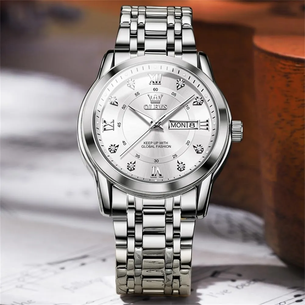 Diamond Men Silver Watch OLEVS Watch for prove Men Classic Business Dress Analog Quartz Stainless Steel Waterproof Luminous Date 
