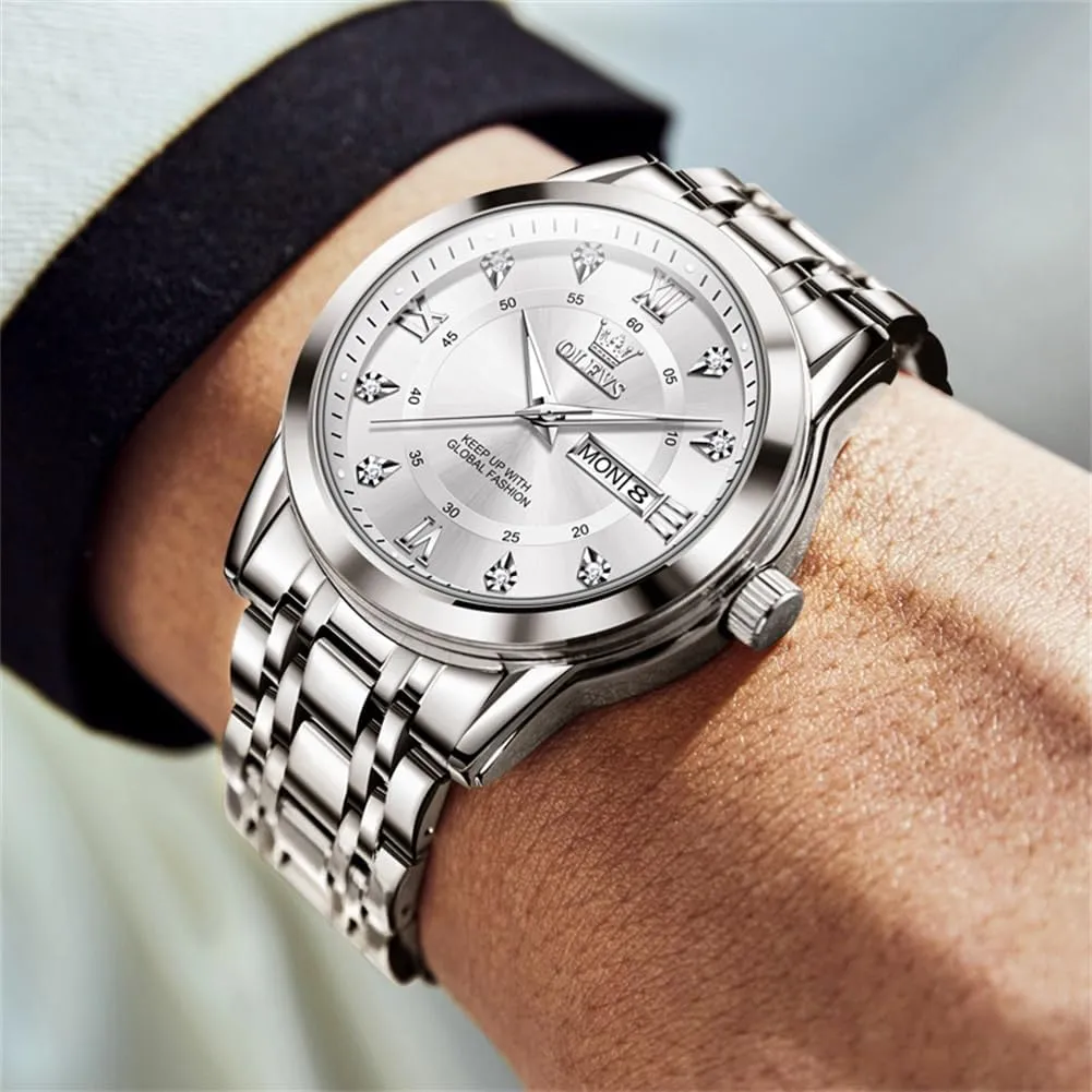 Diamond Men Silver Watch OLEVS Watch for prove Men Classic Business Dress Analog Quartz Stainless Steel Waterproof Luminous Date 