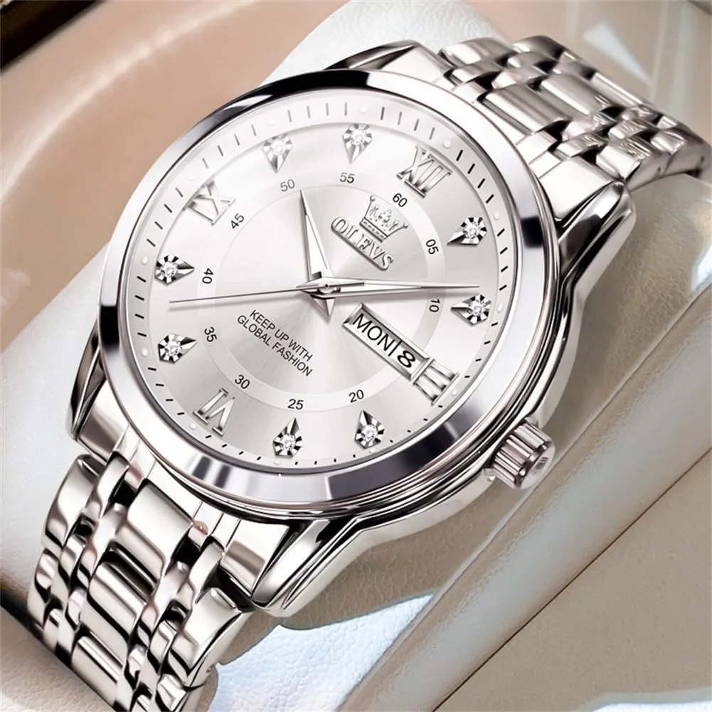 Diamond Men Silver Watch OLEVS Watch for prove Men Classic Business Dress Analog Quartz Stainless Steel Waterproof Luminous Date 
