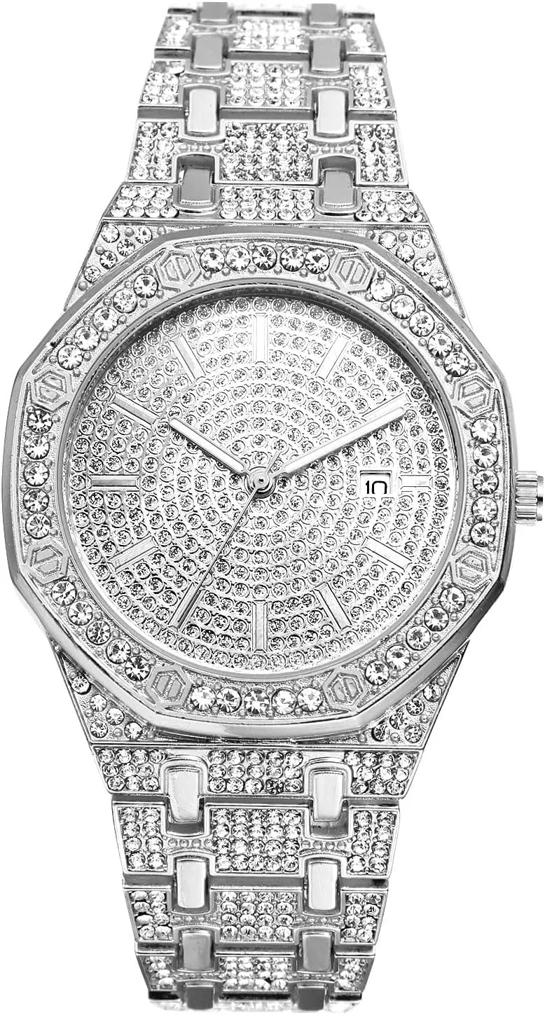 Diamond Watches for Men: Luxury Rhinestones Octagonal Shaped Case Quartz Analog Wrist Watch Waterproof Date Business Casual Dress loudspeaker shale Watch Iced Out Bracelet Watch OIDEA 