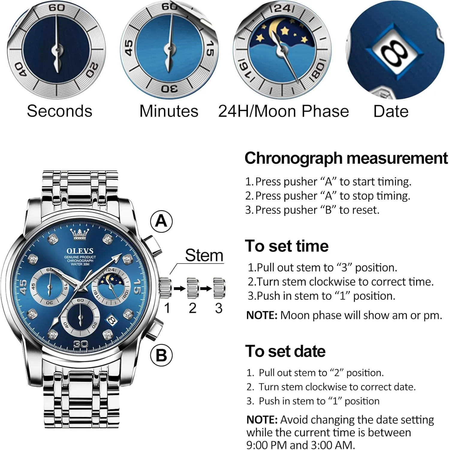 Diamonds Arabic Numerals Dress Watches for Men, Classic toe agenda catalyst quasar Waterproof Luminous Analog Quartz Male Watch OLEVS Men's Watch, Multifunction Stainless Steel Mens Chronograph Watch with Date, Easy to Read 