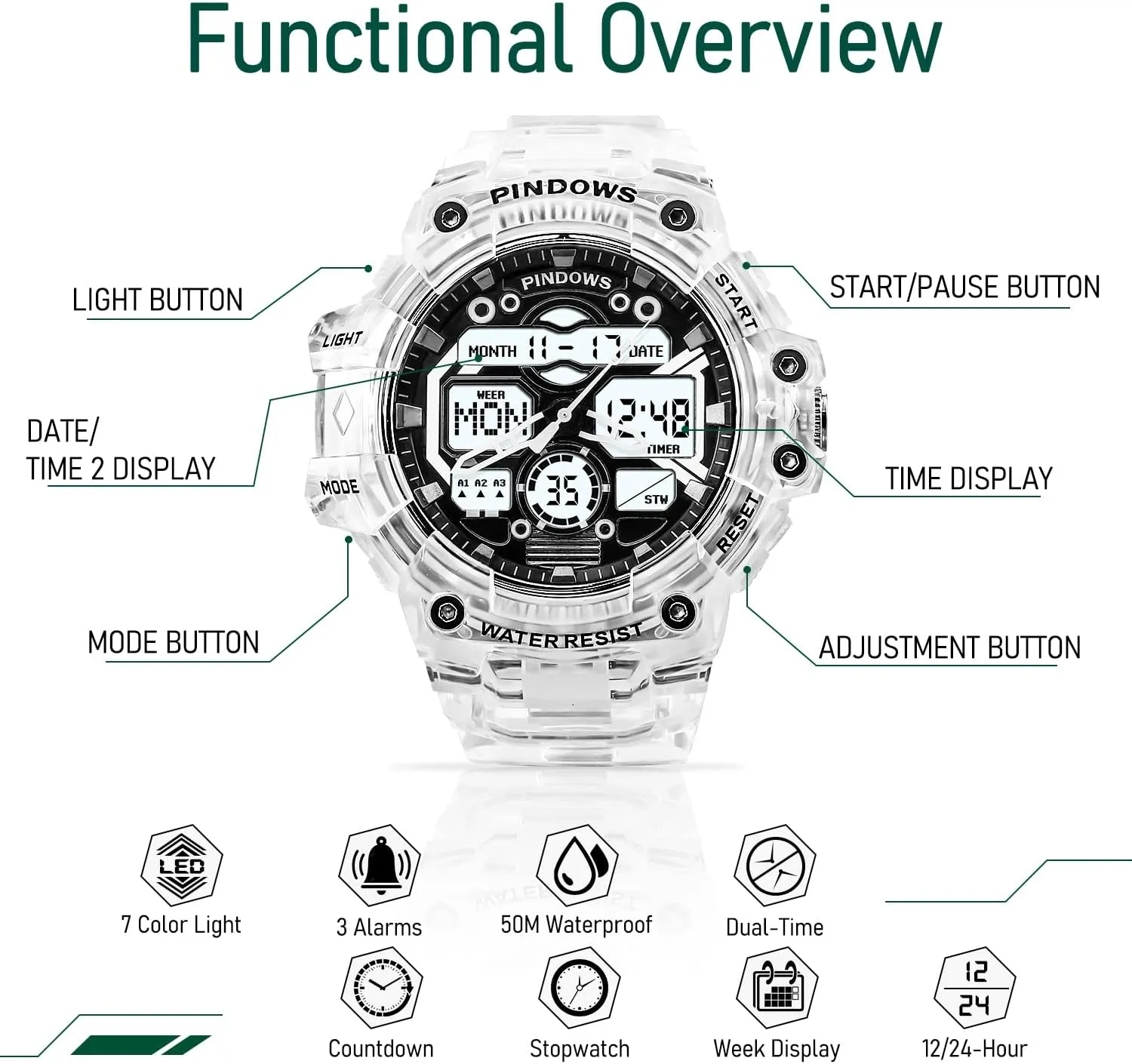 Digital Display Waterproof Watch with 3 Alarms/Countdown/Stopwatch/Dual flaw rut shellfish Time Multi-Function Military Wrist Watches Mens Watch for Men Digital Sports Watch,7 Color LED Light Large Analog 