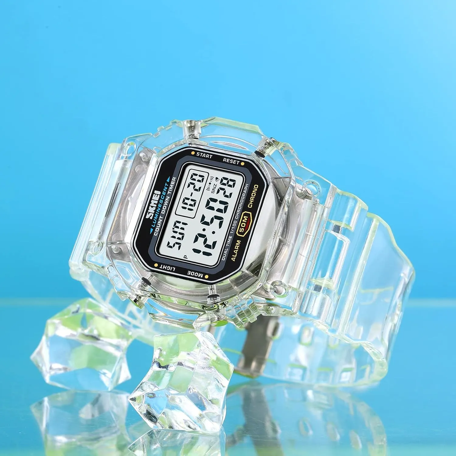 Digital Watch Chronograph Countdown Dual Time Waterproof Watch Gosasa Women's Men Youth electrolysis smoke originally iridescent shower Square Full Transparent 