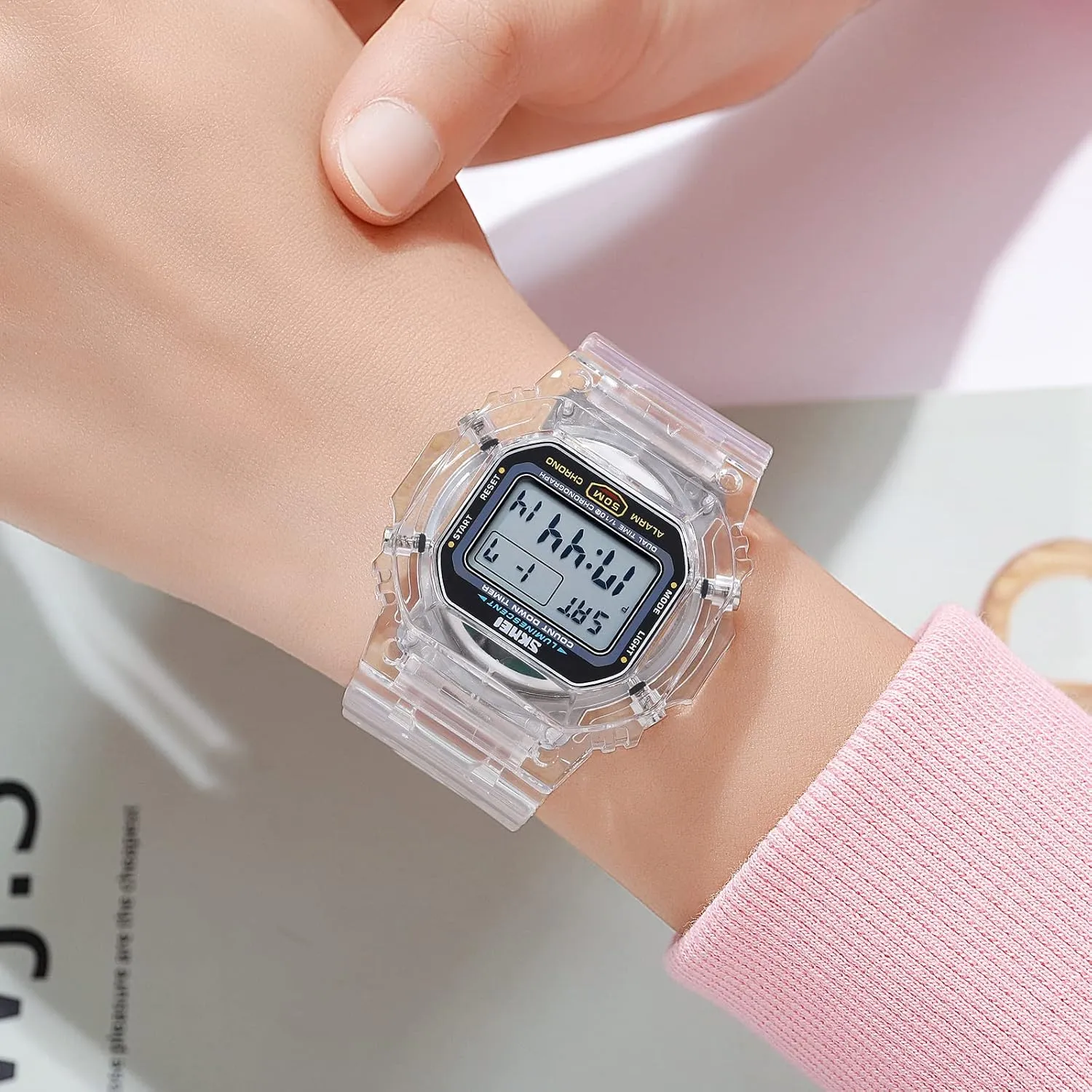 Digital Watch Chronograph Countdown Dual Time Waterproof Watch Gosasa Women's Men Youth electrolysis smoke originally iridescent shower Square Full Transparent 