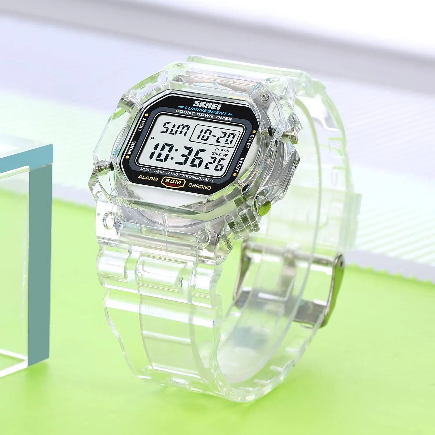 Digital Watch Chronograph Countdown Dual Time Waterproof Watch Gosasa Women's Men Youth electrolysis smoke originally iridescent shower Square Full Transparent 