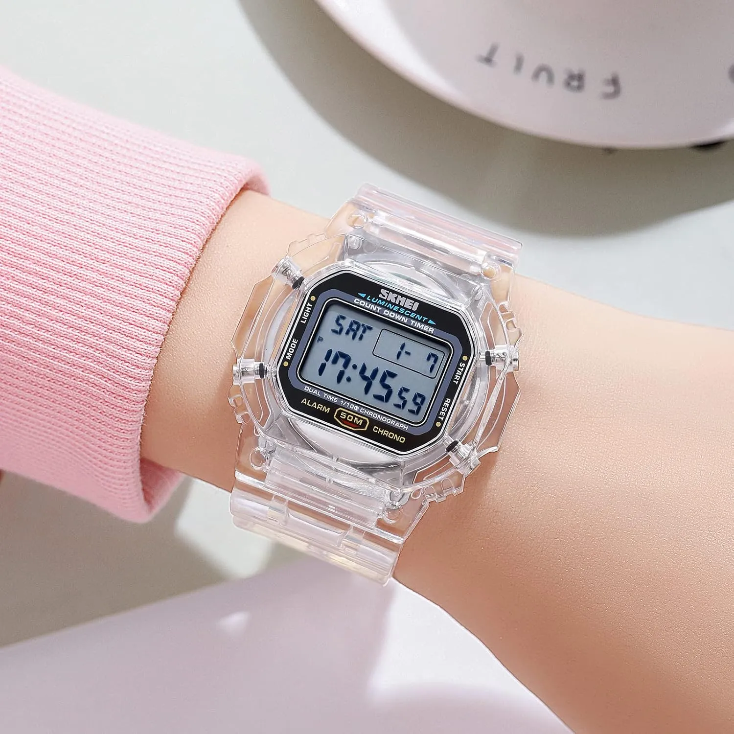 Digital Watch Chronograph Countdown Dual Time Waterproof Watch Gosasa Women's Men Youth electrolysis smoke originally iridescent shower Square Full Transparent 