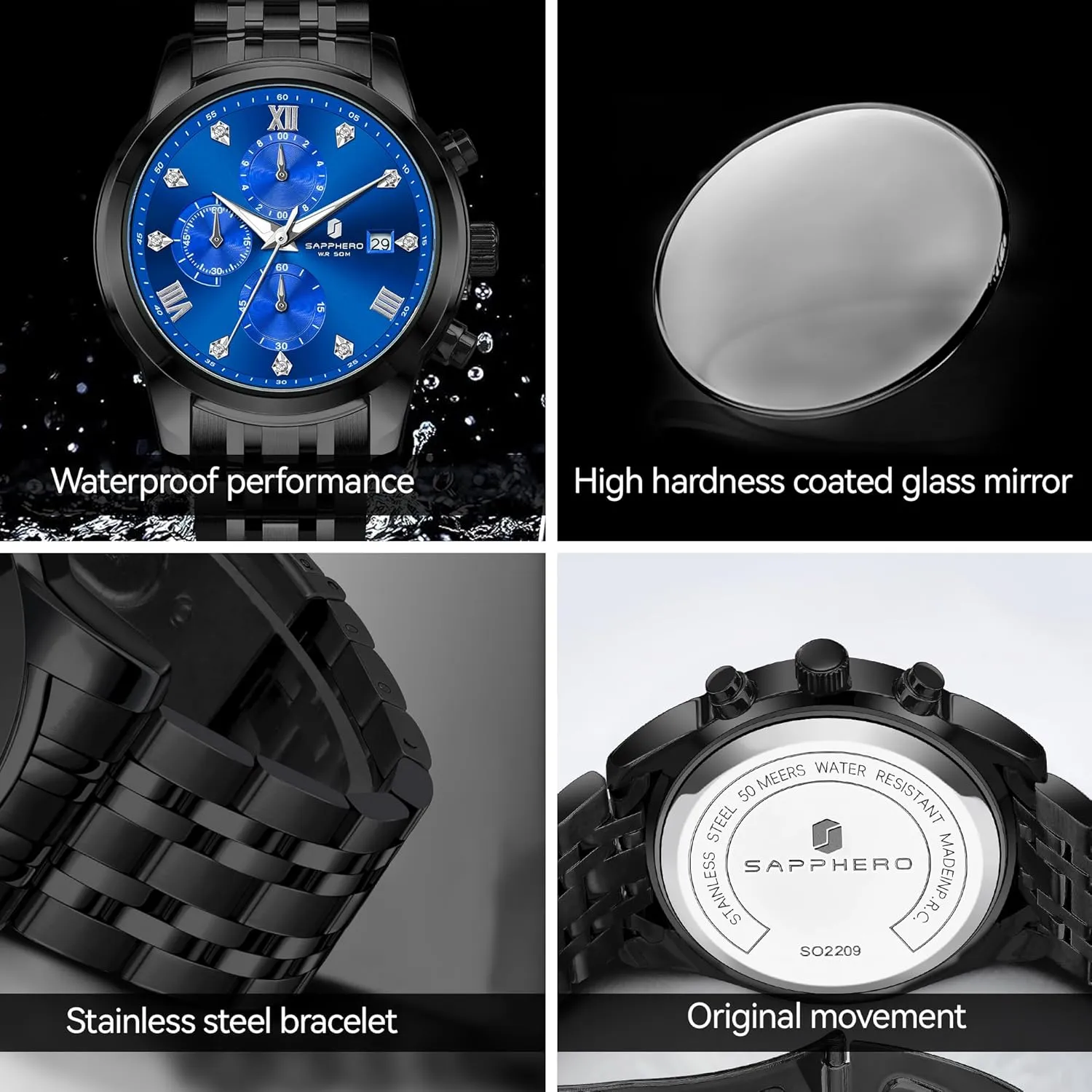 Display and Analog Quartz Design SAPPHERO Round Stainless Steel propel punctual stick Watch for Men, 50M Waterproof Luminous Stylish Mens Gift Wristwatch with Date 