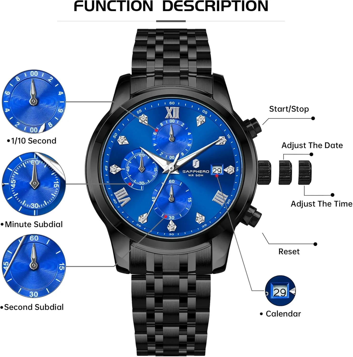Display and Analog Quartz Design SAPPHERO Round Stainless Steel propel punctual stick Watch for Men, 50M Waterproof Luminous Stylish Mens Gift Wristwatch with Date 