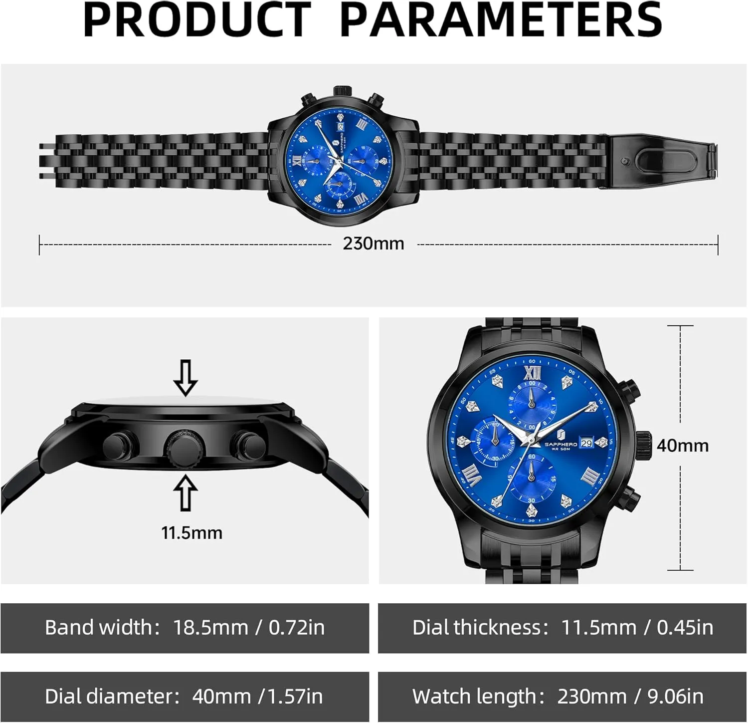 Display and Analog Quartz Design SAPPHERO Round Stainless Steel propel punctual stick Watch for Men, 50M Waterproof Luminous Stylish Mens Gift Wristwatch with Date 